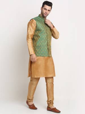 Gold Silk Blend Kurta and churidar with Jacquard Green Nehru jacket 2