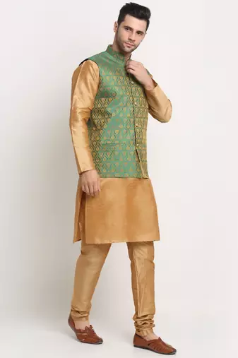 Gold Silk Blend Kurta and churidar with Jacquard Green Nehru jacket
