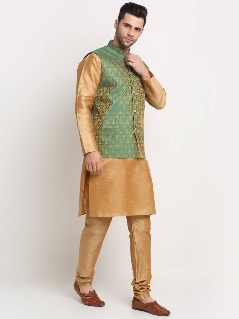 Gold Silk Blend Kurta and churidar with Jacquard Green Nehru jacket