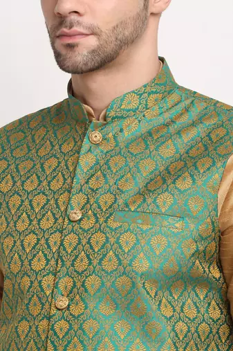 Gold Silk Blend Kurta and churidar with Jacquard Green Nehru jacket