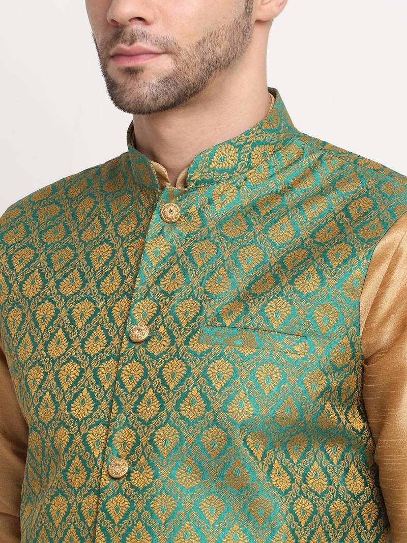 Gold Silk Blend Kurta and churidar with Jacquard Green Nehru jacket