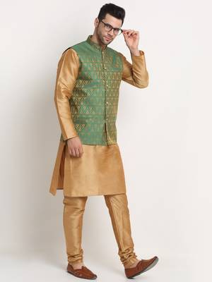 Gold Silk Blend Kurta and churidar with Jacquard Green Nehru jacket 4