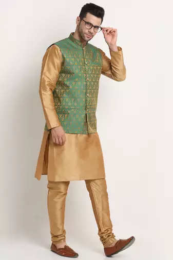 Gold Silk Blend Kurta and churidar with Jacquard Green Nehru jacket