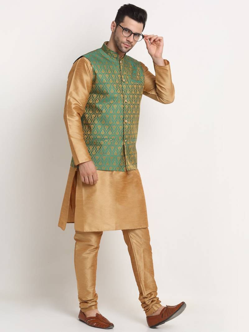 Gold Silk Blend Kurta and churidar with Jacquard Green Nehru jacket