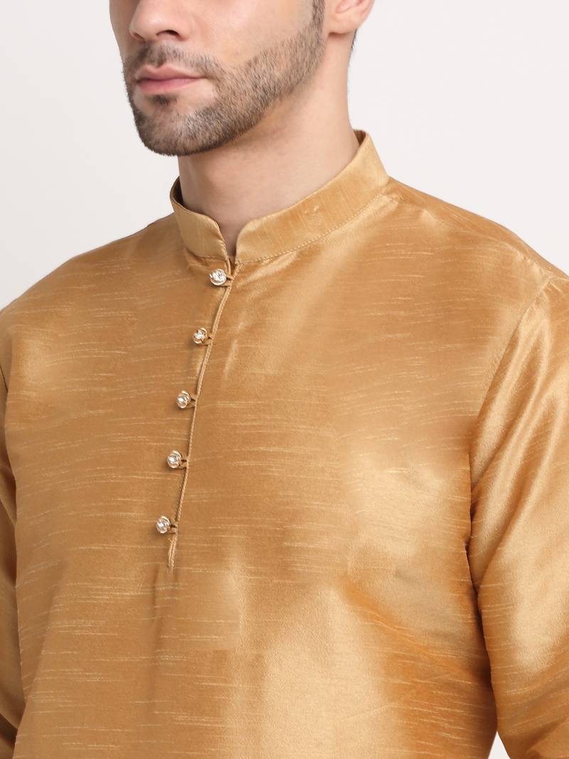 Gold Silk Blend Kurta and churidar with Jacquard Green Nehru jacket