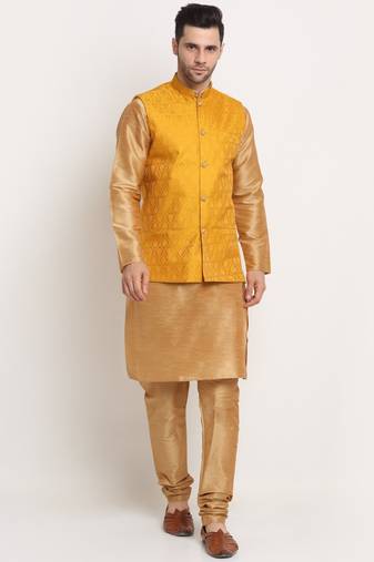 Gold Silk Blend Kurta and churidar with Jacquard Yellow Nehru jacket