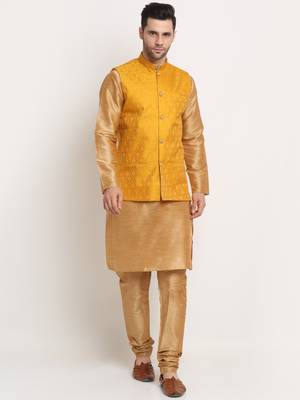 Gold Silk Blend Kurta and churidar with Jacquard Yellow Nehru jacket 1