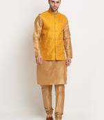Gold Silk Blend Kurta and churidar with Jacquard Yellow Nehru jacket