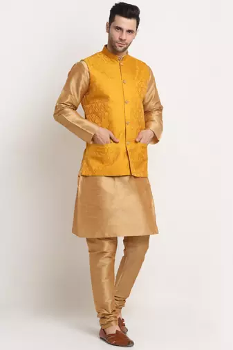 Gold Silk Blend Kurta and churidar with Jacquard Yellow Nehru jacket