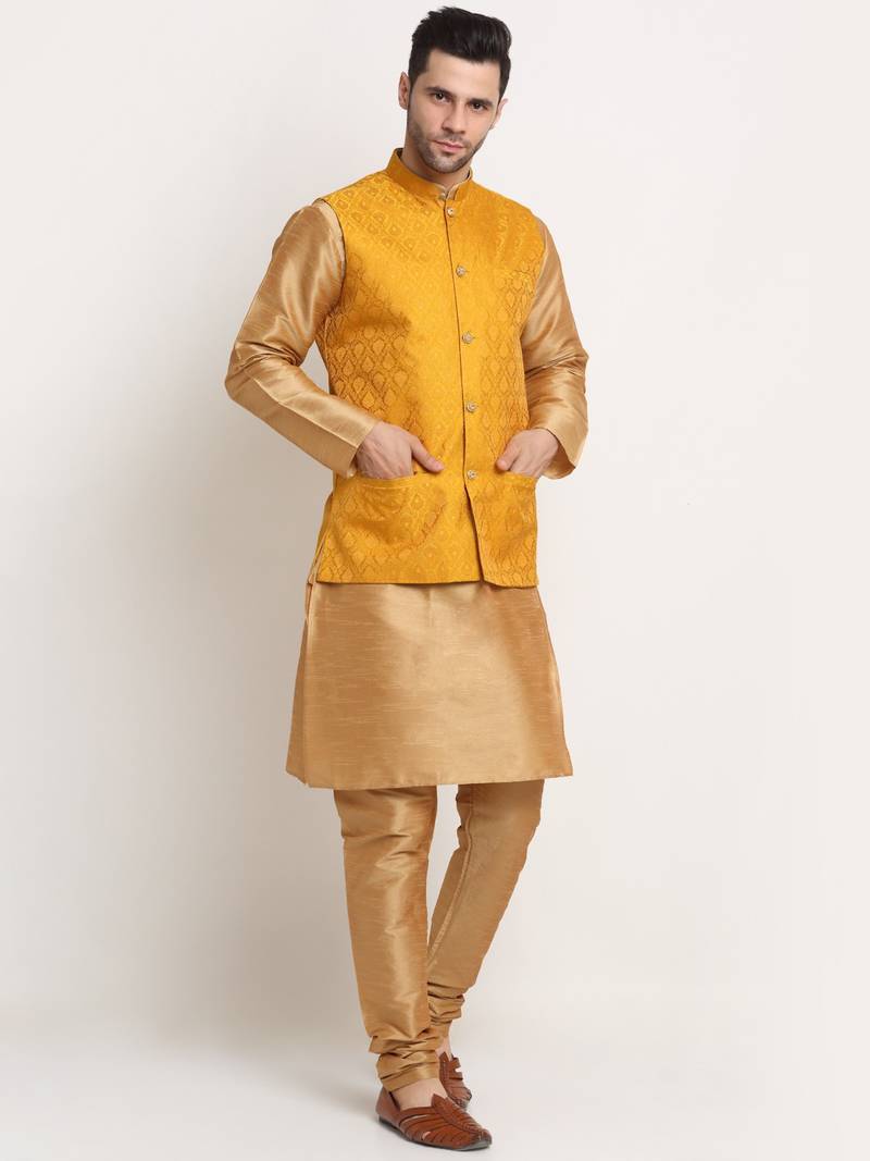 Gold Silk Blend Kurta and churidar with Jacquard Yellow Nehru jacket
