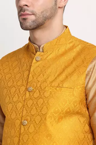 Gold Silk Blend Kurta and churidar with Jacquard Yellow Nehru jacket