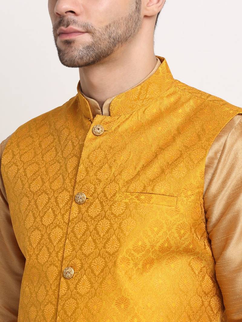 Gold Silk Blend Kurta and churidar with Jacquard Yellow Nehru jacket