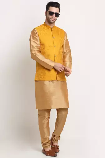 Gold Silk Blend Kurta and churidar with Jacquard Yellow Nehru jacket