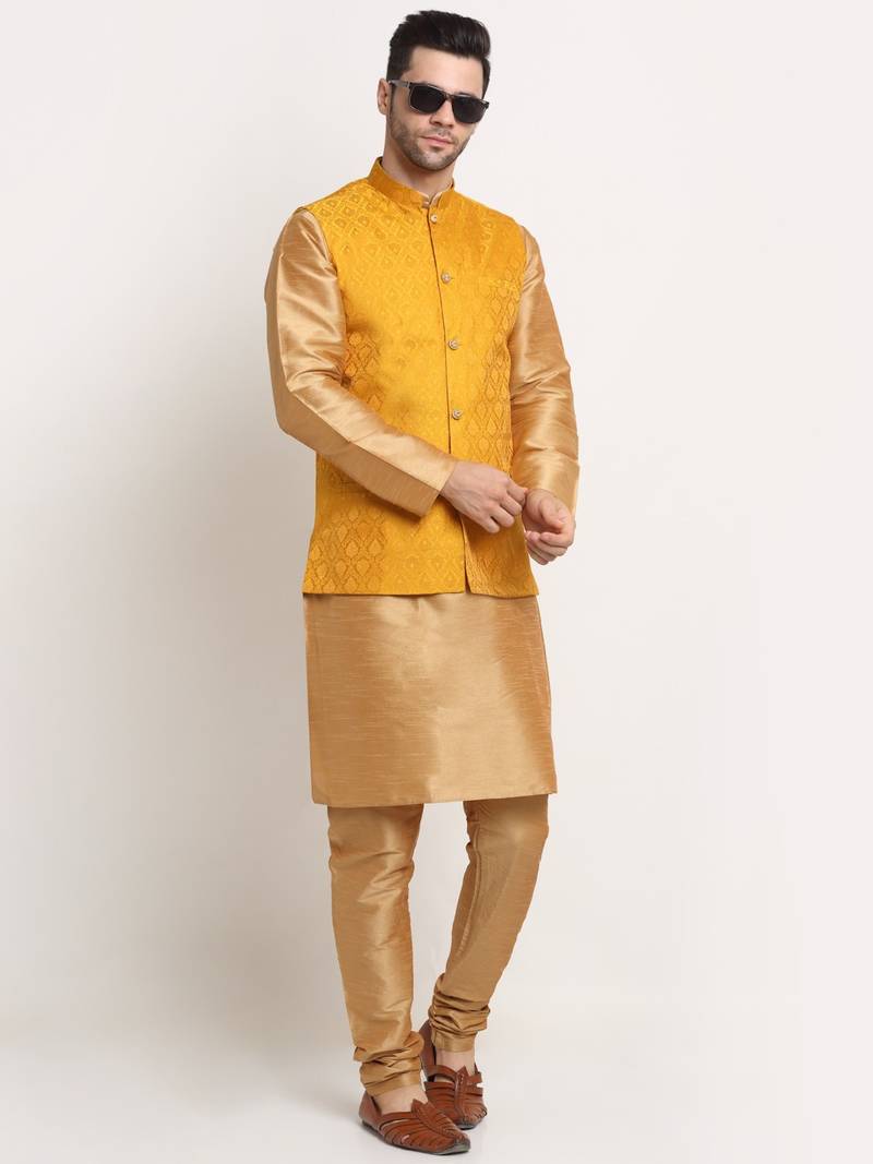 Gold Silk Blend Kurta and churidar with Jacquard Yellow Nehru jacket