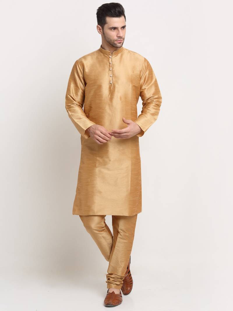 Gold Silk Blend Kurta and churidar with Jacquard Yellow Nehru jacket