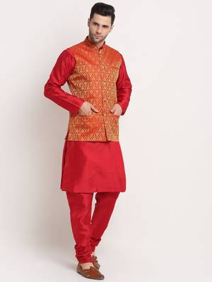 Maroon Silk Blend Kurta and churidar with Jacquard Red Nehru jacket 1
