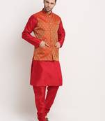 Maroon Silk Blend Kurta and churidar with Jacquard Red Nehru jacket