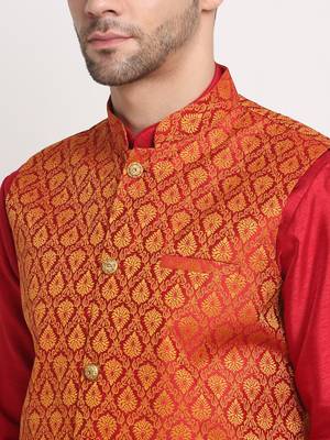 Maroon Silk Blend Kurta and churidar with Jacquard Red Nehru jacket 2