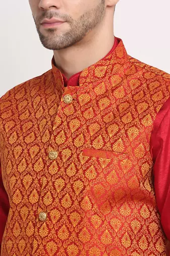 Maroon Silk Blend Kurta and churidar with Jacquard Red Nehru jacket