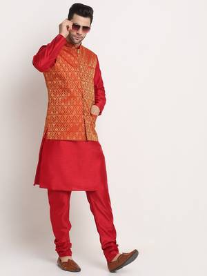 Maroon Silk Blend Kurta and churidar with Jacquard Red Nehru jacket 3