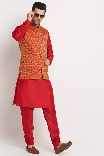 Maroon Silk Blend Kurta and churidar with Jacquard Red Nehru jacket