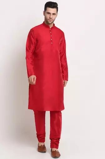 Maroon Silk Blend Kurta and churidar with Jacquard Red Nehru jacket