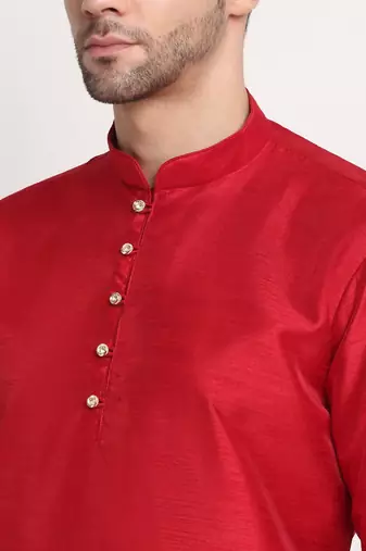 Maroon Silk Blend Kurta and churidar with Jacquard Red Nehru jacket