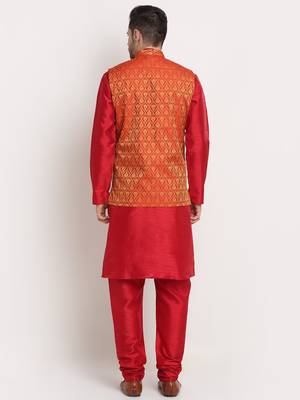 Maroon Silk Blend Kurta and churidar with Jacquard Red Nehru jacket 7