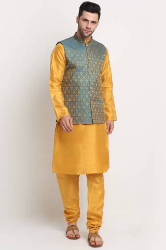 Mustard Silk Blend Kurta and churidar with Jacquard Blue Nehru jacket