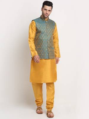 Mustard Silk Blend Kurta and churidar with Jacquard Blue Nehru jacket 1