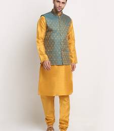 Mustard Silk Blend Kurta and churidar with Jacquard Blue Nehru jacket