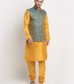Mustard Silk Blend Kurta and churidar with Jacquard Blue Nehru jacket