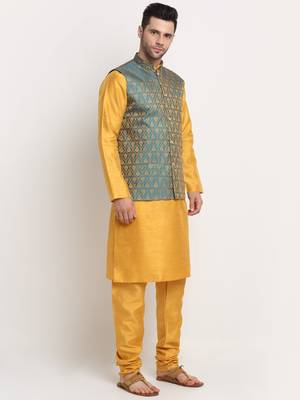 Mustard Silk Blend Kurta and churidar with Jacquard Blue Nehru jacket 2