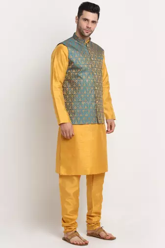 Mustard Silk Blend Kurta and churidar with Jacquard Blue Nehru jacket