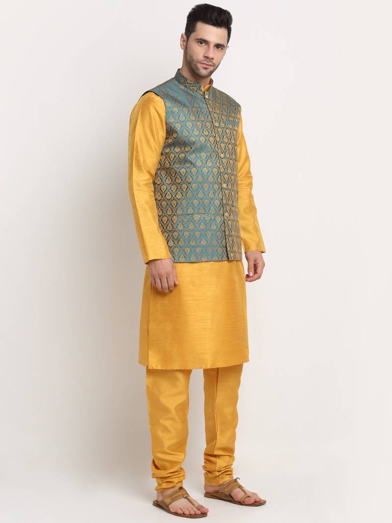 Mustard Silk Blend Kurta and churidar with Jacquard Blue Nehru jacket
