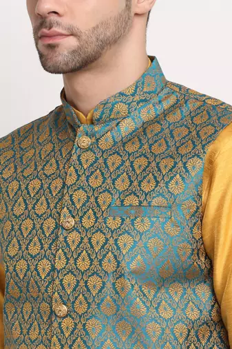 Mustard Silk Blend Kurta and churidar with Jacquard Blue Nehru jacket
