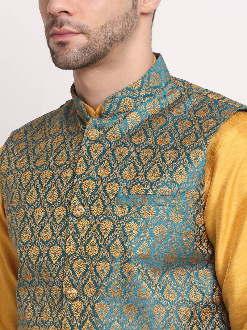 Mustard Silk Blend Kurta and churidar with Jacquard Blue Nehru jacket