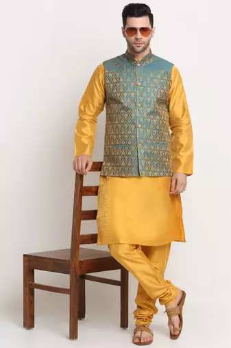 Mustard Silk Blend Kurta and churidar with Jacquard Blue Nehru jacket
