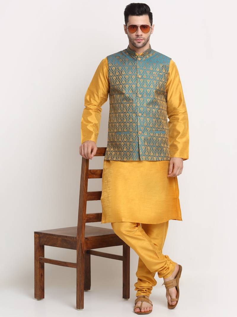 Mustard Silk Blend Kurta and churidar with Jacquard Blue Nehru jacket