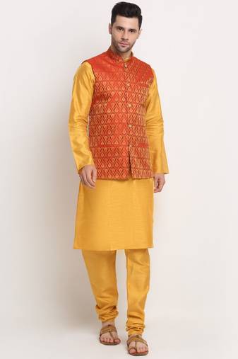 Mustard Silk Blend Kurta and churidar with Jacquard Red Nehru jacket