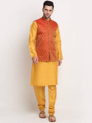 Mustard Silk Blend Kurta and churidar with Jacquard Red Nehru jacket 1