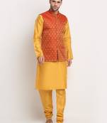 Mustard Silk Blend Kurta and churidar with Jacquard Red Nehru jacket