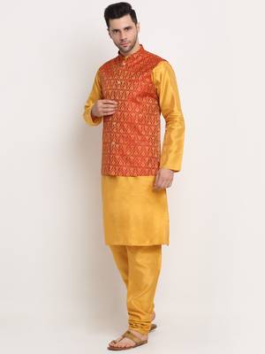 Mustard Silk Blend Kurta and churidar with Jacquard Red Nehru jacket 2