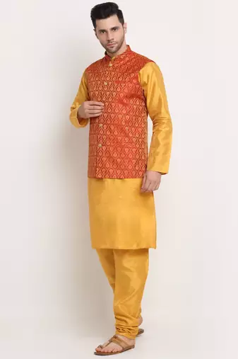 Mustard Silk Blend Kurta and churidar with Jacquard Red Nehru jacket