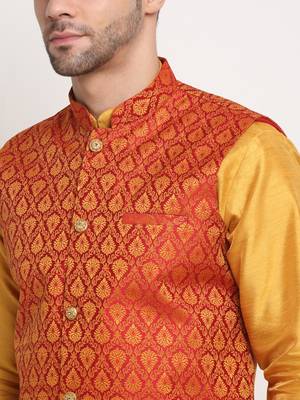 Mustard Silk Blend Kurta and churidar with Jacquard Red Nehru jacket 3