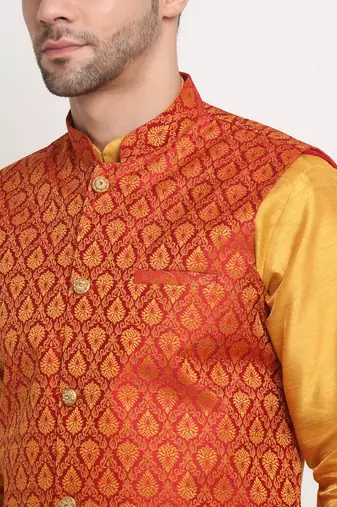 Mustard Silk Blend Kurta and churidar with Jacquard Red Nehru jacket