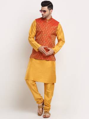 Mustard Silk Blend Kurta and churidar with Jacquard Red Nehru jacket 4
