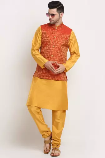 Mustard Silk Blend Kurta and churidar with Jacquard Red Nehru jacket