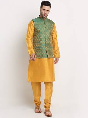 Mustard Silk Blend Kurta and churidar with Jacquard Green Nehru jacket 1
