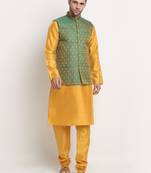 Mustard Silk Blend Kurta and churidar with Jacquard Green Nehru jacket